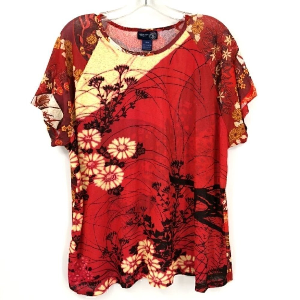 Venezia Vtg Jeans Women's 22 24 USA Floral Red Top